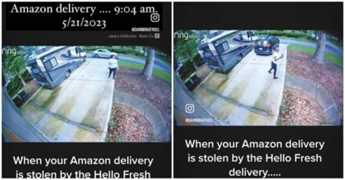 Camera Catches Hello Fresh Driver Stealing Amazon Package Right After It's Delivered