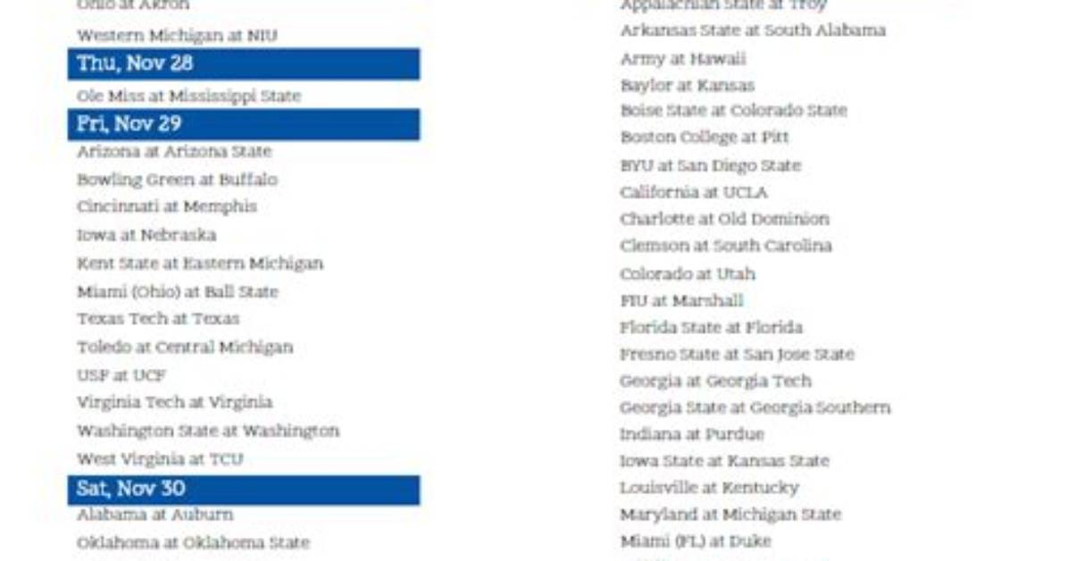 College Football Tv Schedule Week 14