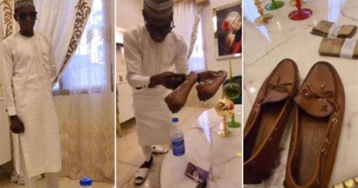 Gateman Stunned as His Nigerian Madam Gifts Him N802K Louis Vuitton Shoe & Bundles of Cash in Video