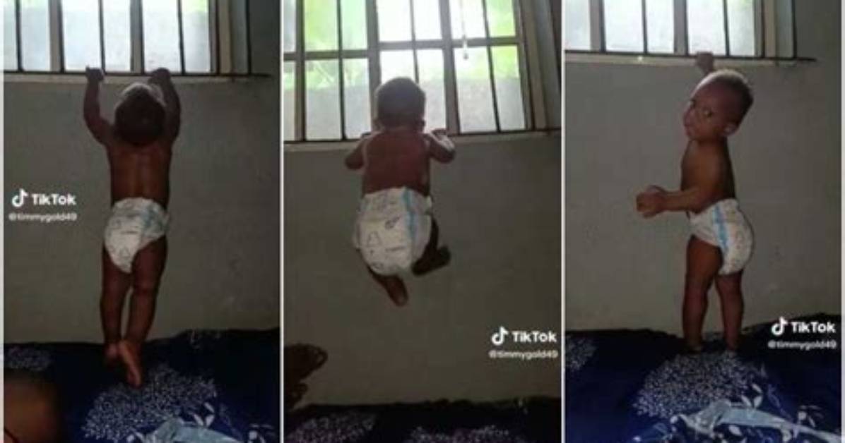 “No Allow Am Join Nepa O”: Baby Surprises Mum in Tiktok Video, Sweats as He Tries to Climb Their Room’s Window