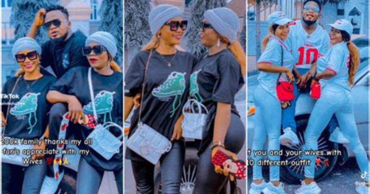 “Who Dey Sidon for Front? ” Young Nigerian Man with 2 Wives Shares Video of Them in Matching Outfits