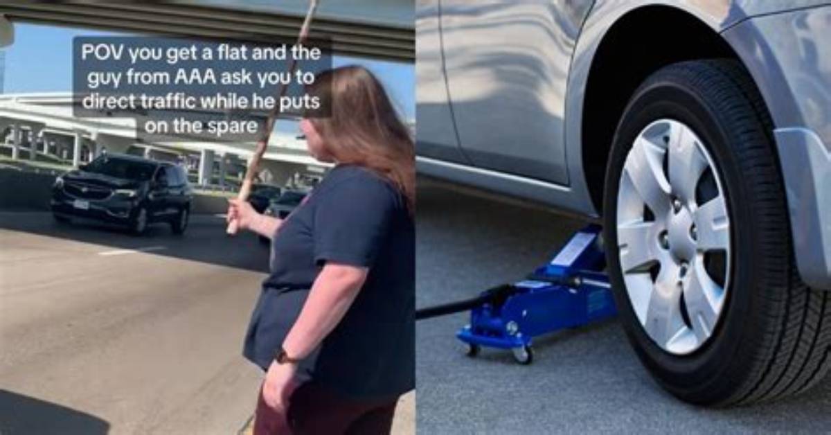 Woman Asked to Direct Traffic with Stick to Protect Aaa Employee Changing Her Tire