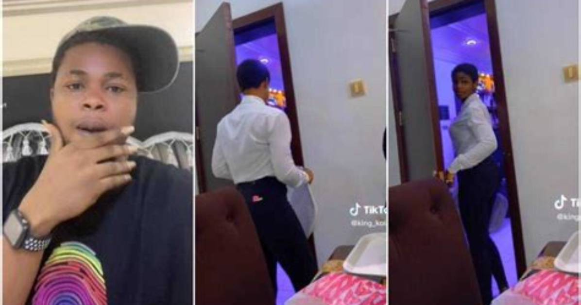 Young Man Sees Beautiful Hotel Waitress, Can't Resist Looking at Her, Lady Quickly Closes Room Door